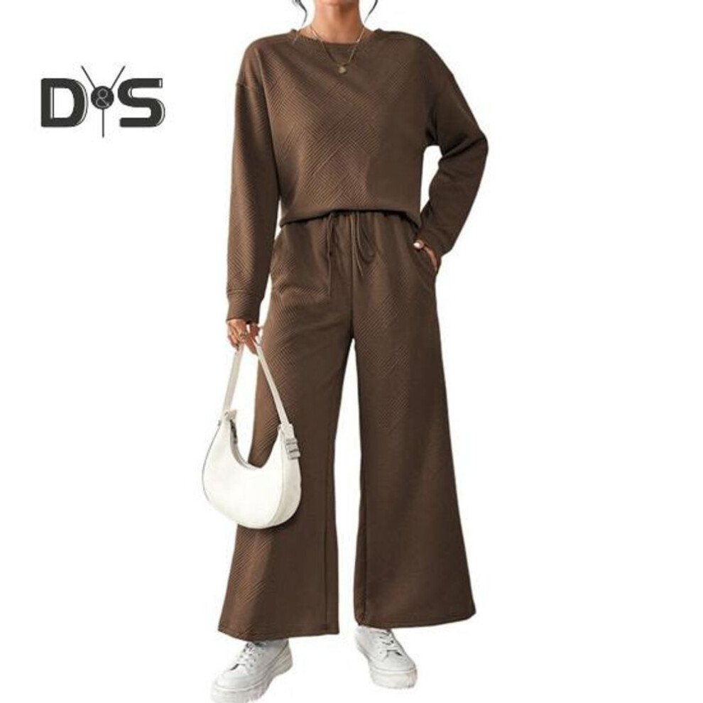 (brown, S) 2 Pcs/set Women Top Pants Suit O Neck Long Sleeves Solid Color Sport Sweatshirt Drawstring Elastic Waist Wide Leg Trousers Fitness Outfit Fall Spring