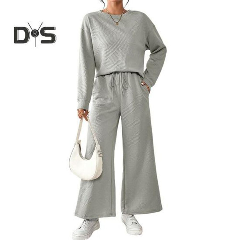 (grey, L) 2 Pcs/set Women Top Pants Suit O Neck Long Sleeves Solid Color Sport Sweatshirt Drawstring Elastic Waist Wide Leg Trousers Fitness Outfit Fall Spring
