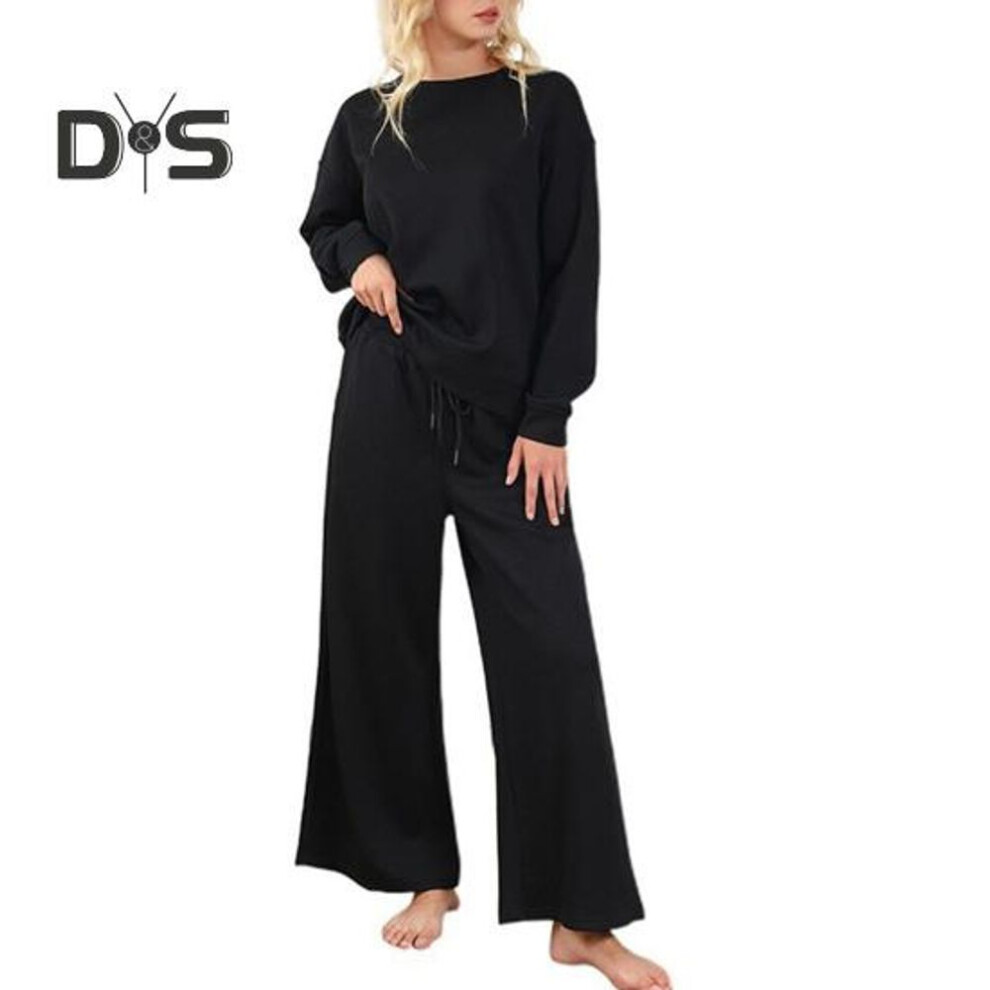 (black, L) 2 Pcs/set Women Top Pants Suit O Neck Long Sleeves Solid Color Sport Sweatshirt Drawstring Elastic Waist Wide Leg Trousers Fitness Outfit Fall Spring