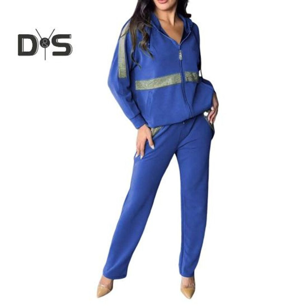 (blue, S) 2 Pcs/set Women Sweatshrit Pants Suit Sequin Hooded Long Sleeves Zip-up Sport Hoodie Elastic Waist Trousers Fitness Outfit Fall Spring Commuting