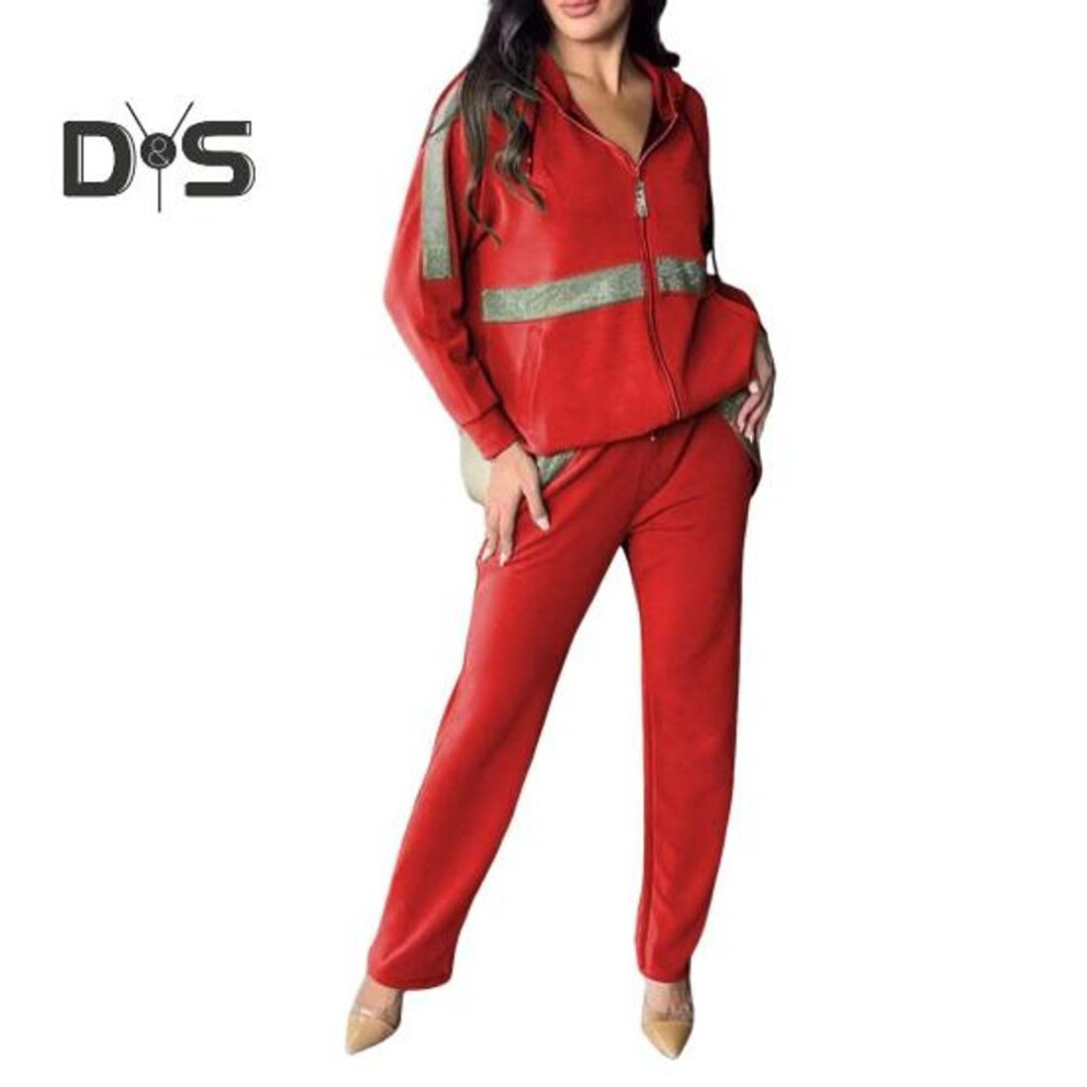 (red, M) 2 Pcs/Set Women Sweatshrit Pants Suit Sequin Hooded Long Sleeves Zip-up Sport Hoodie Elastic Waist Trousers Fitness Outfit Fall Spring Commuting