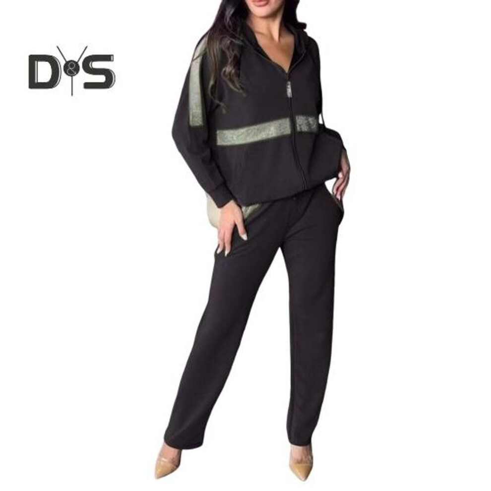 (black, L) 2 Pcs/set Women Sweatshrit Pants Suit Sequin Hooded Long Sleeves Zip-up Sport Hoodie Elastic Waist Trousers Fitness Outfit Fall Spring Commuting