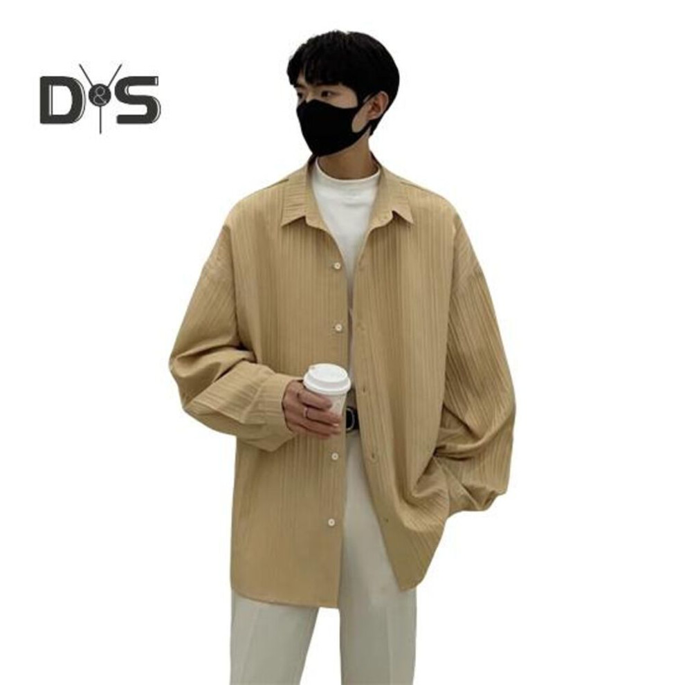 (XXL, khaki) Men Shirt Loose Solid Color Turn-down Collar Cardigan Single-breasted Fall Spring Top Mid Length Streetwear Shirt