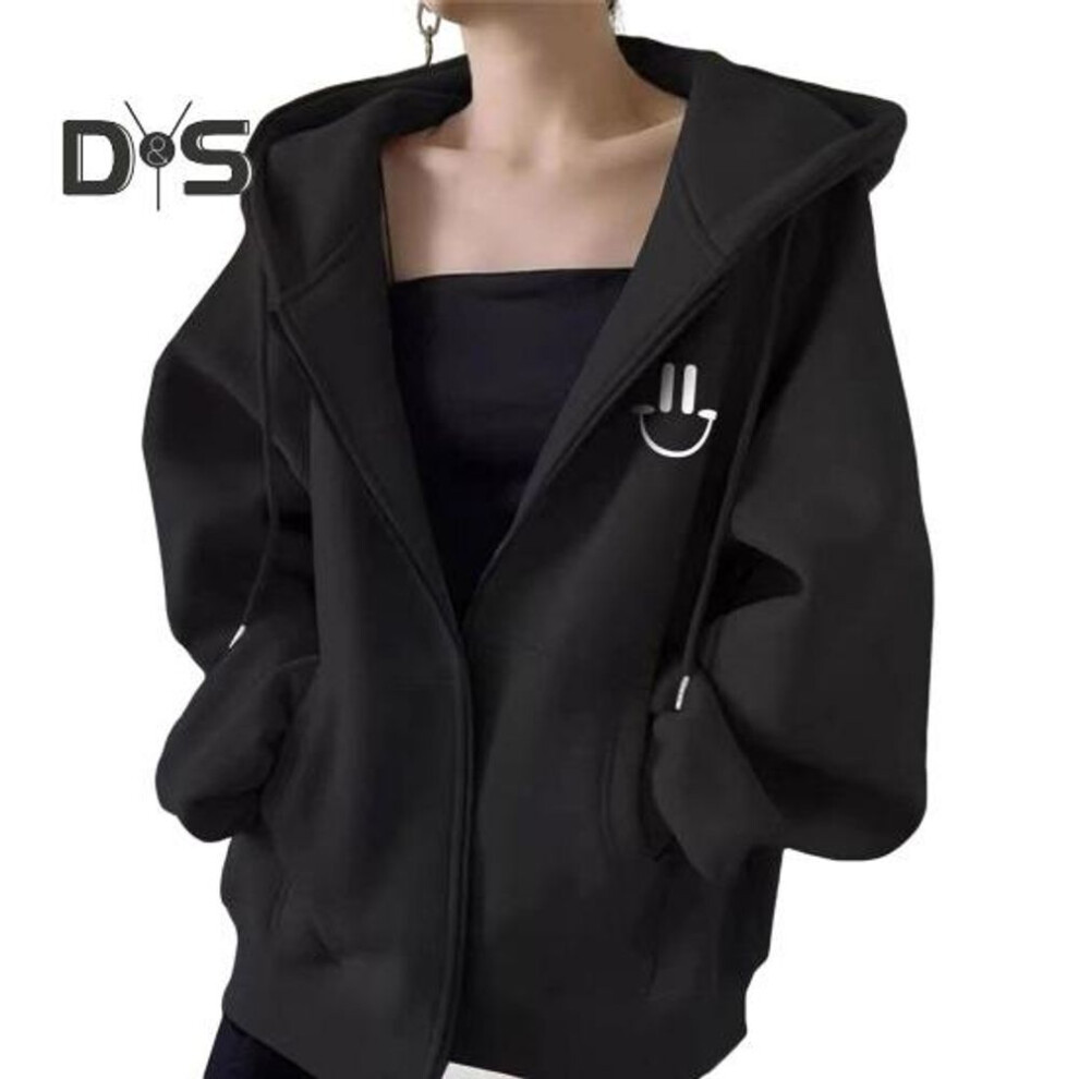 (black) Women Winter Hooded Coat with Side Pockets Thick Plush Lined Zipper Closure Drawstring Outerwear Long Sleeve Windproof Heat Retention Outdoor Jacket