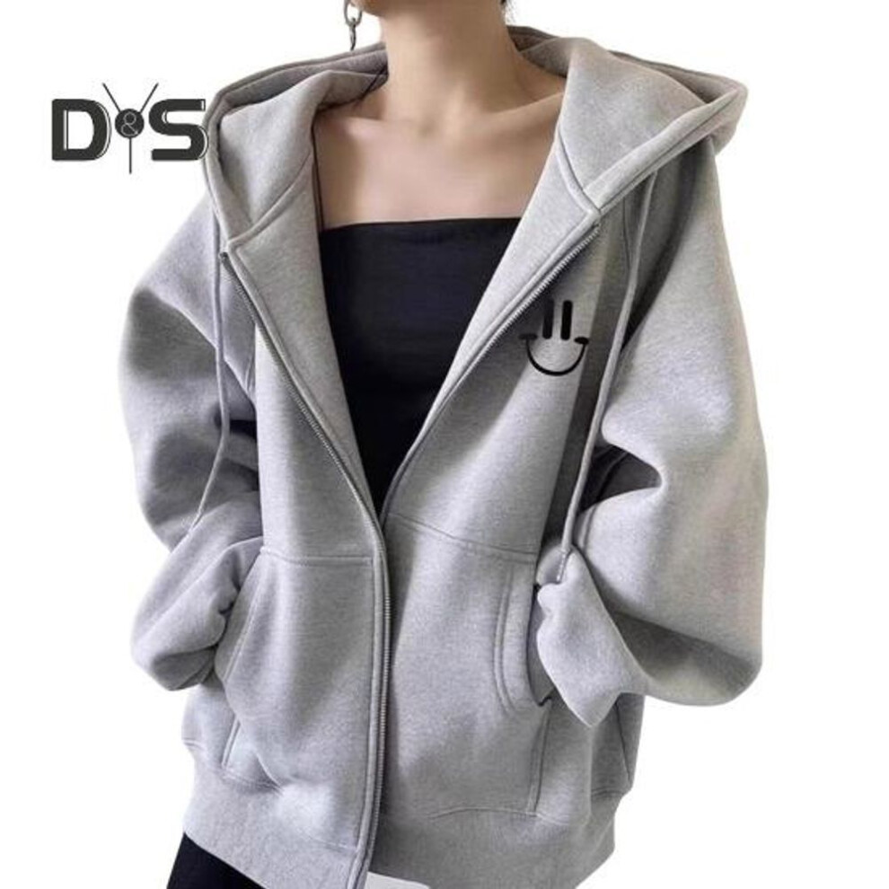 (grey) Women Winter Hooded Coat With Side Pockets Thick Plush Lined Zipper Closure Drawstring Outerwear Long Sleeve Windproof Heat Retention Outdoor Jacket