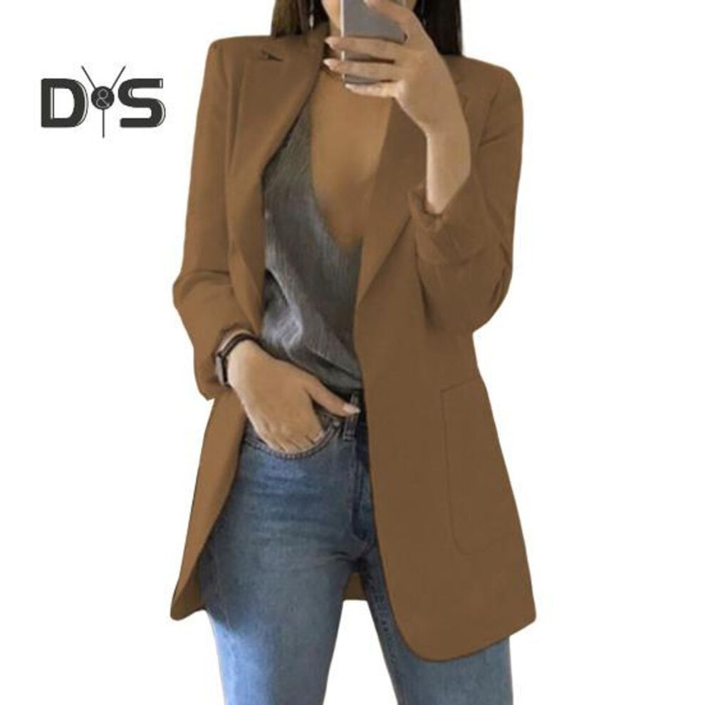 (brown, M) Women Suit Coat Lapel Long Sleeve Open Front Suit Jacket Solid Color Urban Style Spring Autumn Business Outerwear