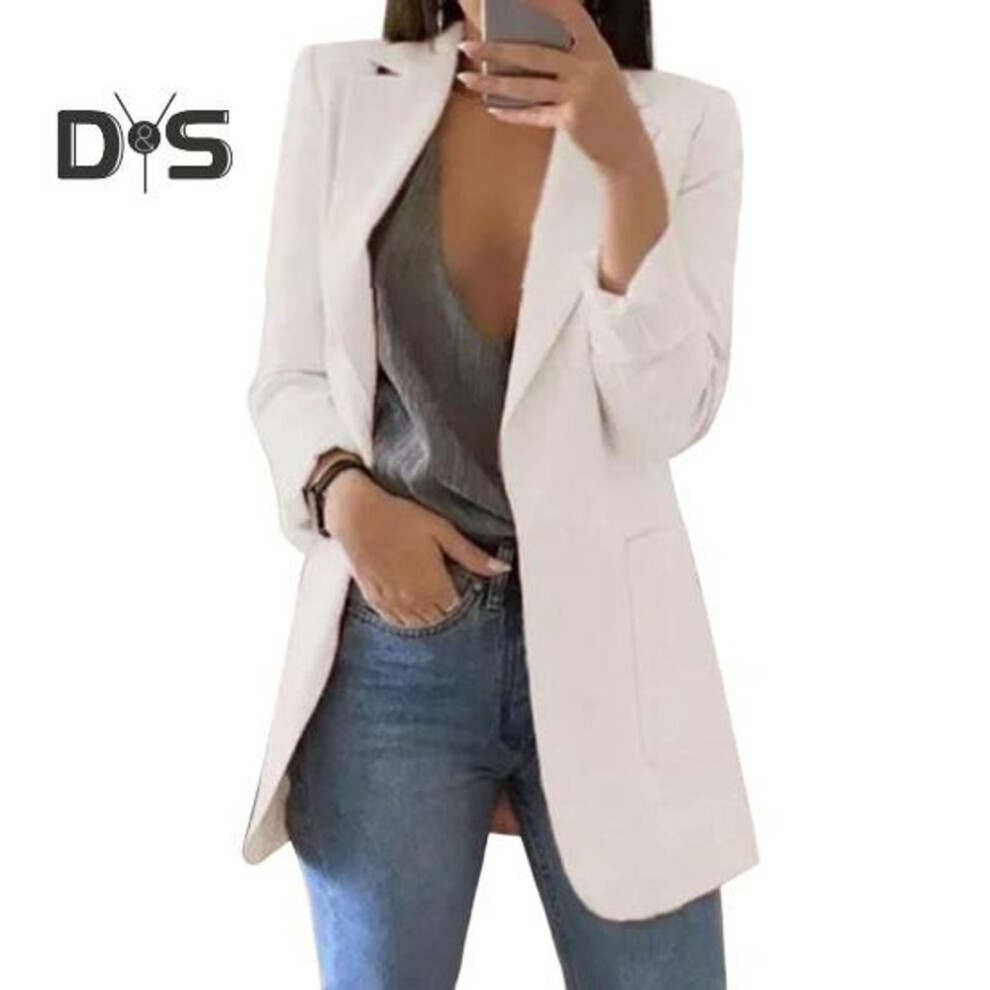 (white, 2XL) Women Suit Coat Lapel Long Sleeve Open Front Suit Jacket Solid Color Urban Style Spring Autumn Business Outerwear