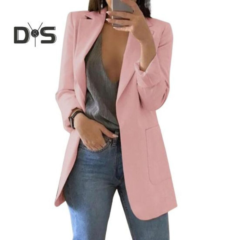 (pink, M) Women Suit Coat Lapel Long Sleeve Open Front Suit Jacket Solid Color Urban Style Spring Autumn Business Outerwear