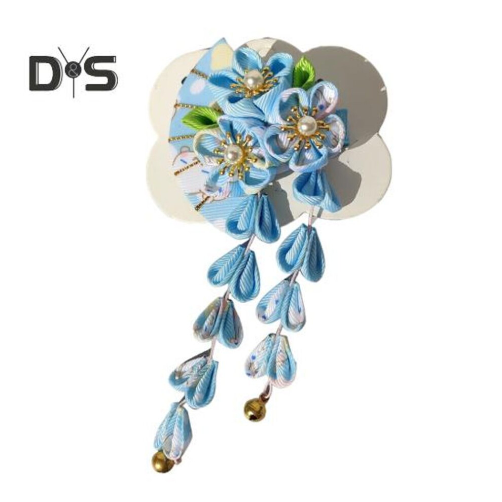 (sky blue) Fan Style Hairpin With Flowers Bells Faux Pearls Decor Japanese Kimono Ancient Style Hair Clip Hair Accessories