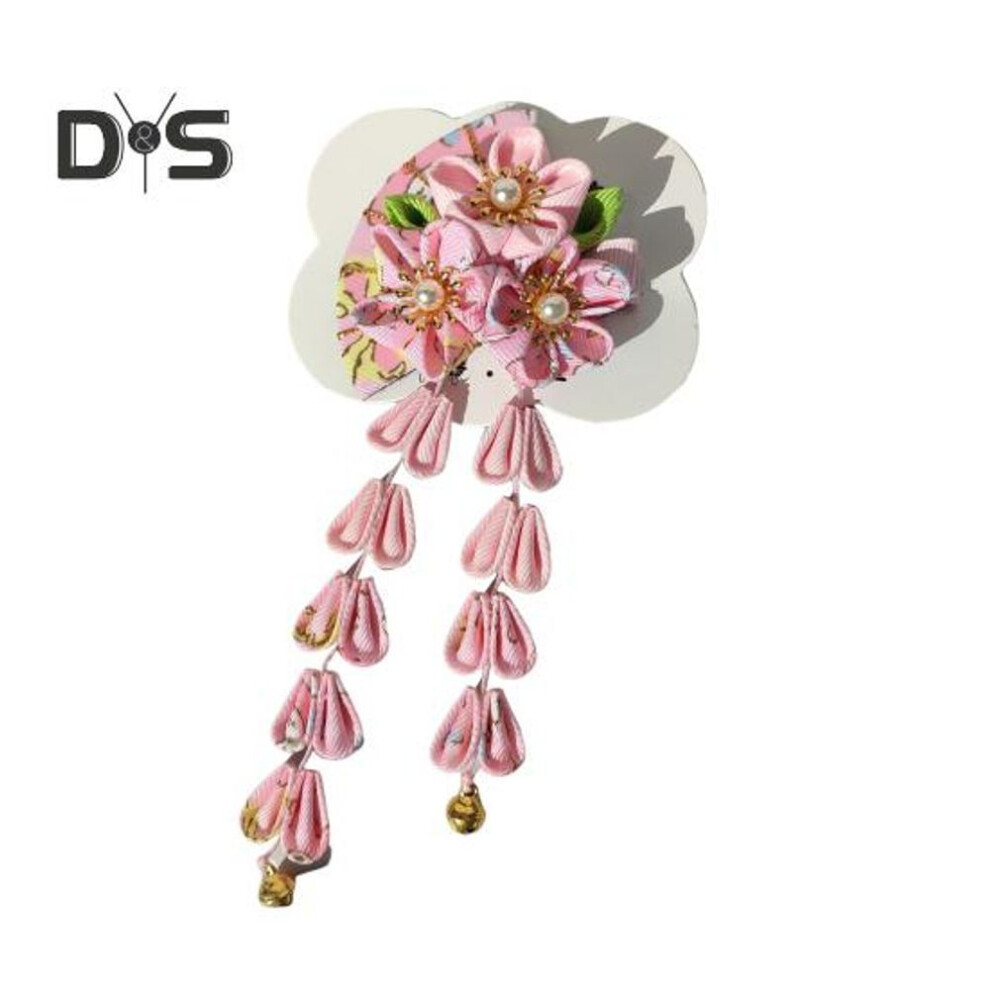 (pink) Fan Style Hairpin With Flowers Bells Faux Pearls Decor Japanese Kimono Ancient Style Hair Clip Hair Accessories