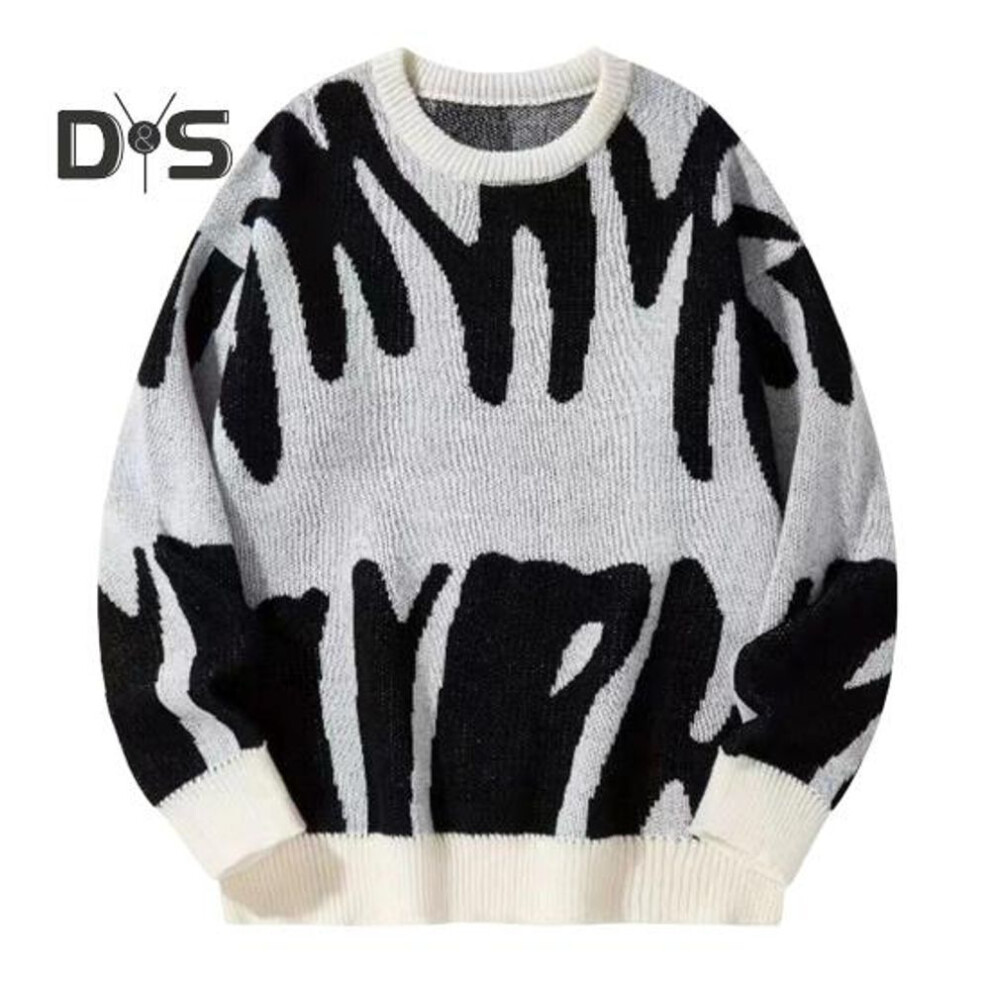 (S, white,black) Women Sweater Round Neck Long Sleeve Contrast Color Knitting Tops Loose Fit Printed Elastic Knitwear Daily Wear