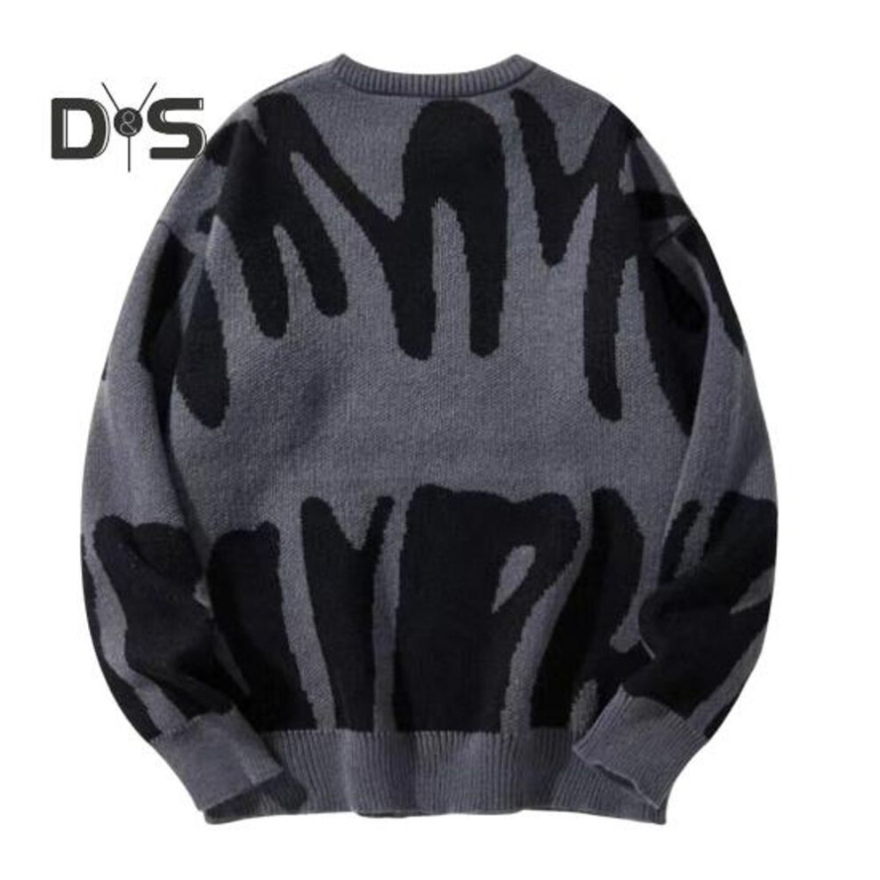 (M, black gray) Women Sweater Round Neck Long Sleeve Contrast Color Knitting Tops Loose Fit Printed Elastic Knitwear Daily Wear