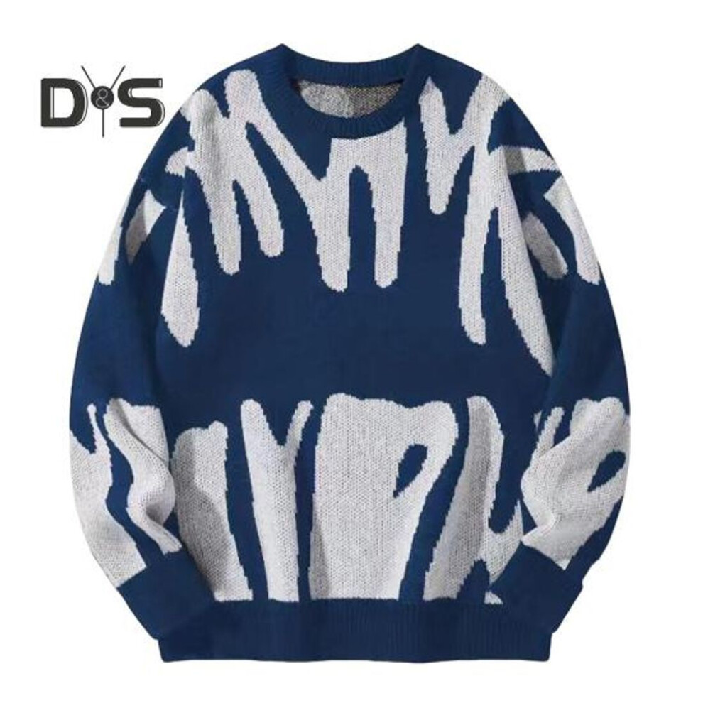 (M, blue,white) Women Sweater Round Neck Long Sleeve Contrast Color Knitting Tops Loose Fit Printed Elastic Knitwear Daily Wear