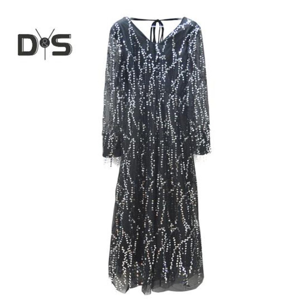 (black, XL) Lady Evening Dress Sequin Tassel Decor V Neck Long Sleeves A-line Pleated Double-layered Slim Waist Adjustable Strap Midi Dress for Wedding Cocktail