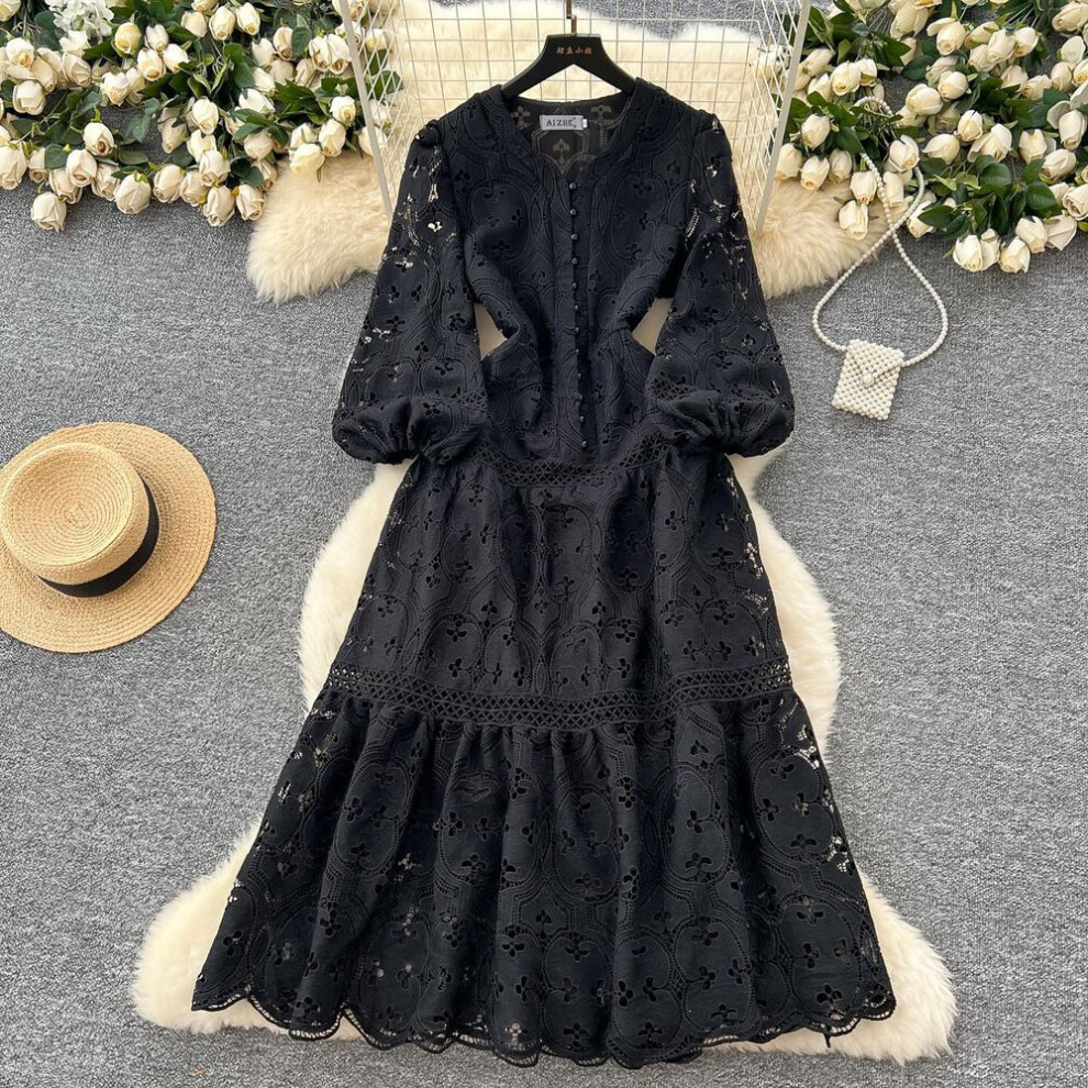 (black, M) Spring Summer Women V-neck Lantern Sleeve Embroidery Lace Long Maxi Party Dresses