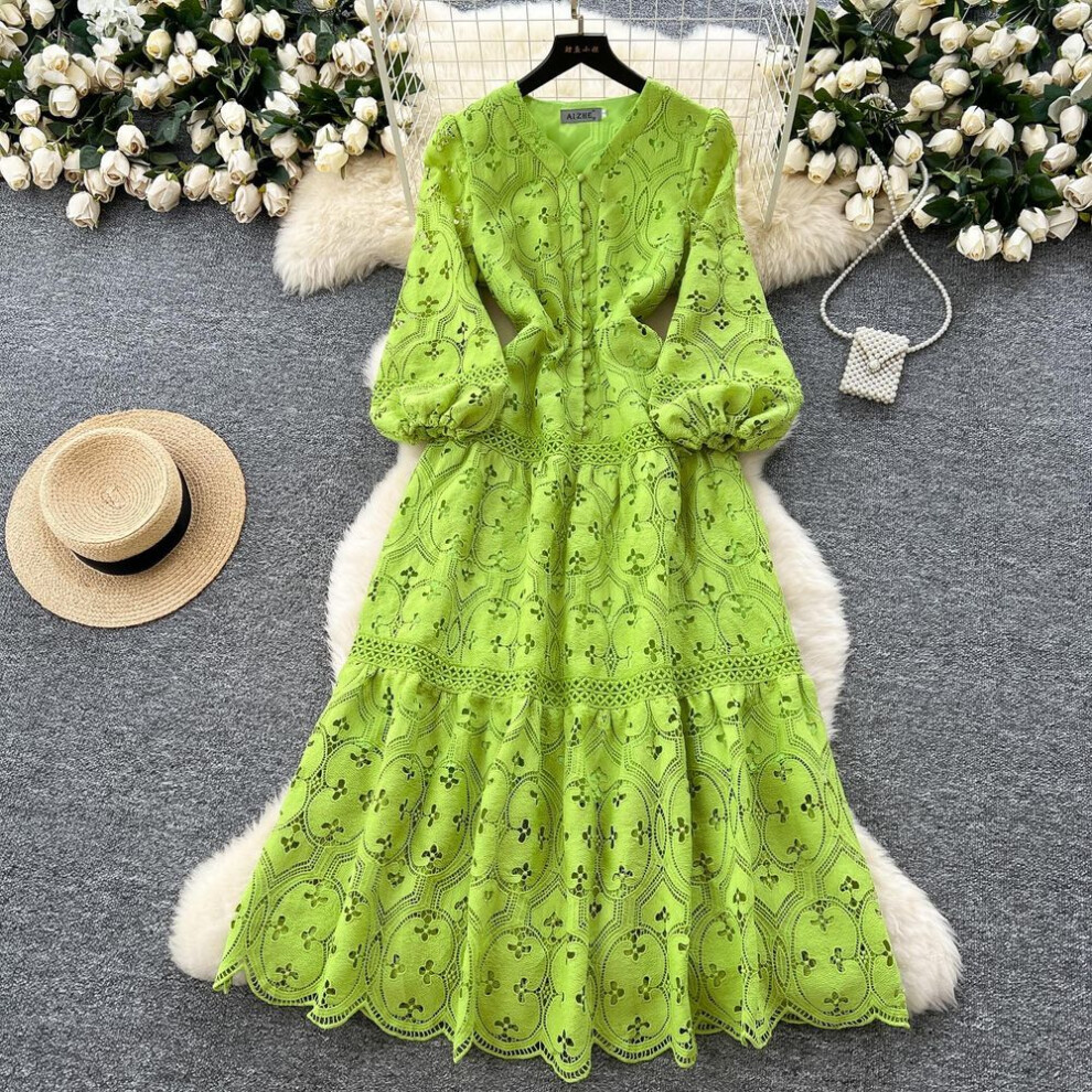 (green, M) Spring Summer Women V-neck Lantern Sleeve Embroidery Lace Long Maxi Party Dresses