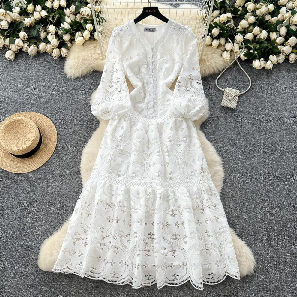 (white, XL) Spring Summer Women V-neck Lantern Sleeve Embroidery Lace Long Maxi Party Dresses