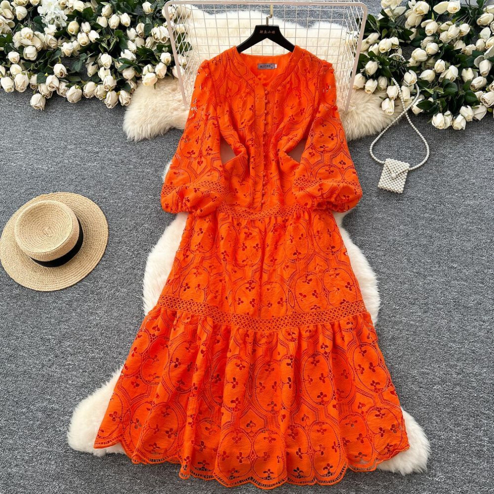 (orange, M) Spring Summer Women V-neck Lantern Sleeve Embroidery Lace Long Maxi Party Dresses