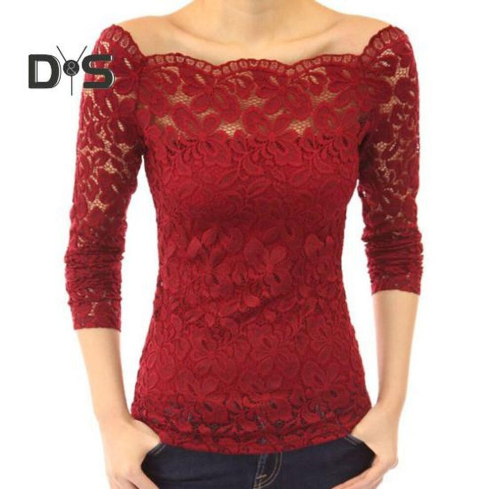 (M, wine red) Women Tops Skew Collar Long Sleeve Lace Shirt Hollow Lace Splicing Solid Color Slim Fit Embroidery Lace Flower Tops