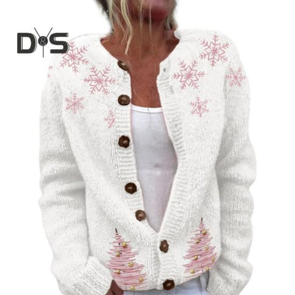 (L, white) Women Cardigan Jacket 3D Christmas Printing Single-breasted Round Neck Long Sleeves Sweater Coat for Holiday School And Commuting