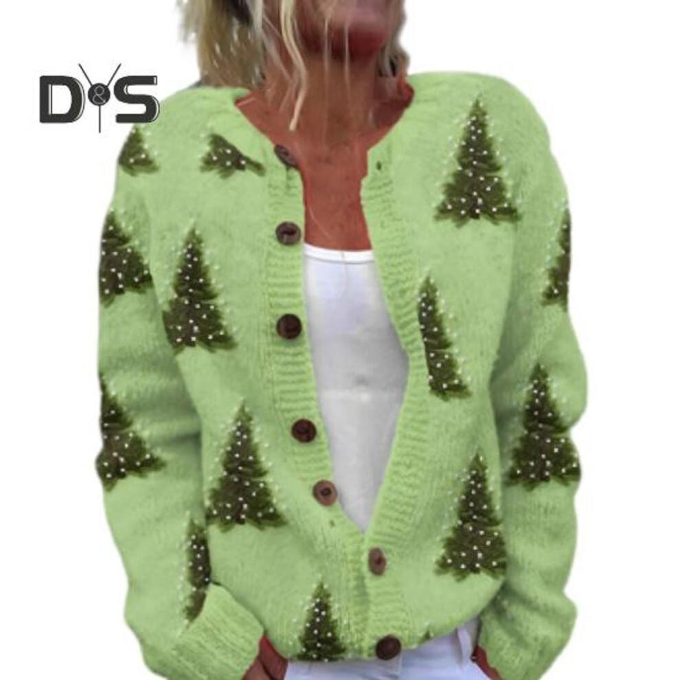 (S, light green) Women Cardigan Jacket 3D Christmas Printing Single-breasted Round Neck Long Sleeves Sweater Coat for Holiday School And Commuting