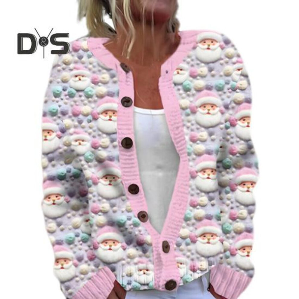 (XXXL, pink,white) Women Cardigan Jacket 3D Christmas Printing Single-breasted Round Neck Long Sleeves Sweater Coat for Holiday School And Commuting