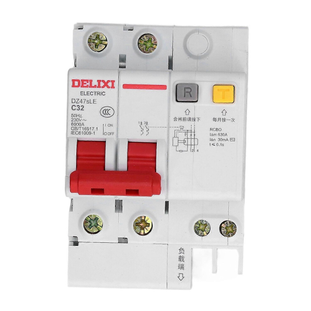 (As Show, One Size) Miniature Circuit Breaker 2P Din Rail Mount Leakage Protection Switch Ac 230V 32A Dz47sle C32 6909775597095