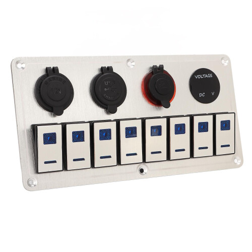 (As show, One size) Rocker Switch Panel 8 Gang 1224V 5 Pin Blue Light Toggle On Off Lights Control Switch Panel 1