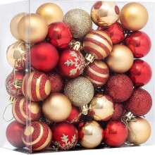 (As show, One size) Christmas tree baubles, pack of 50 Christmas tree baubles with red Christmas baubles, rose gold Christmas baubles, small Christmas baubles with lanyar