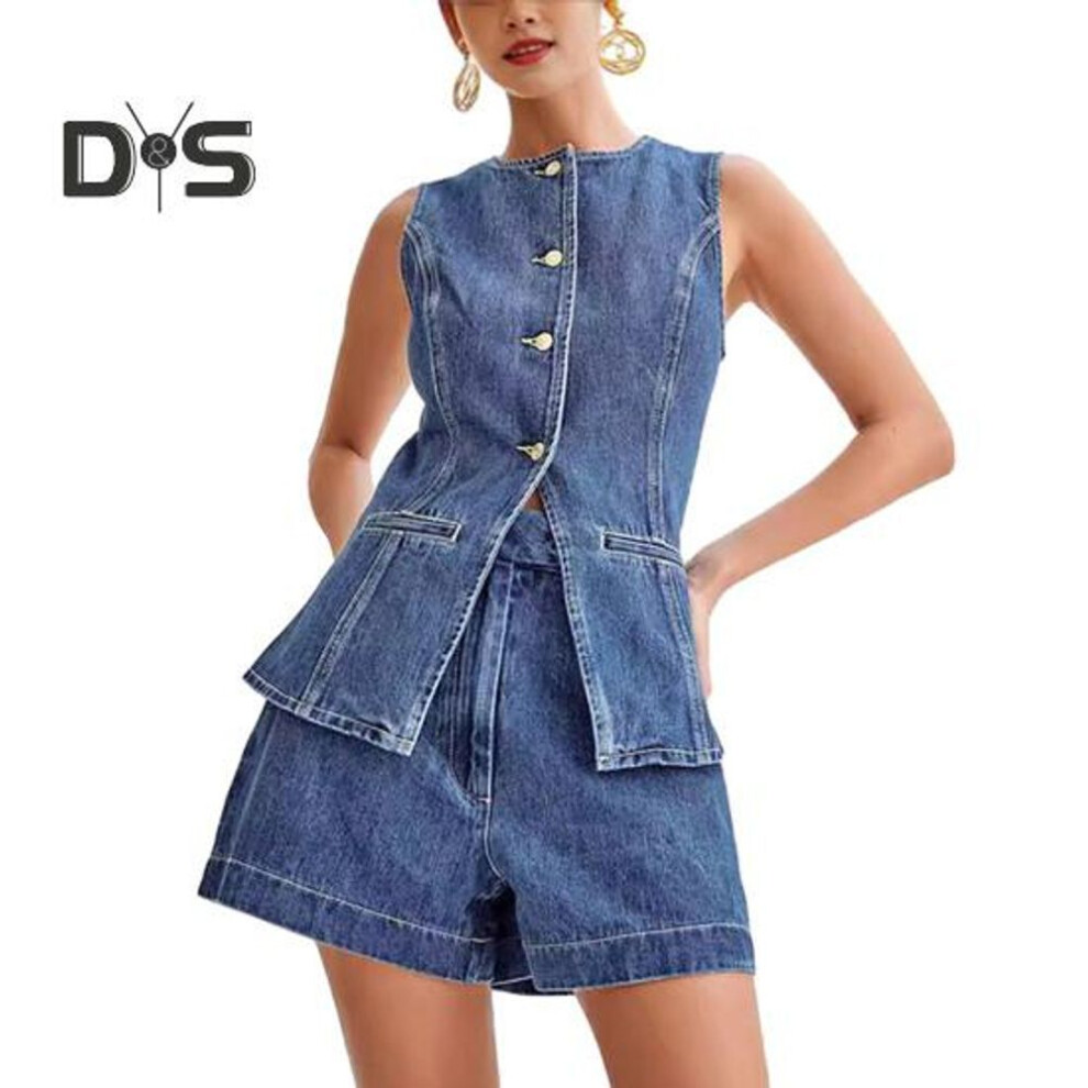 (light blue, M) Women's 2 Piece Denim Outfits Button Down Sleeveless Tank Top And Shorts Set Casual Business Jean Blazer Vest Set