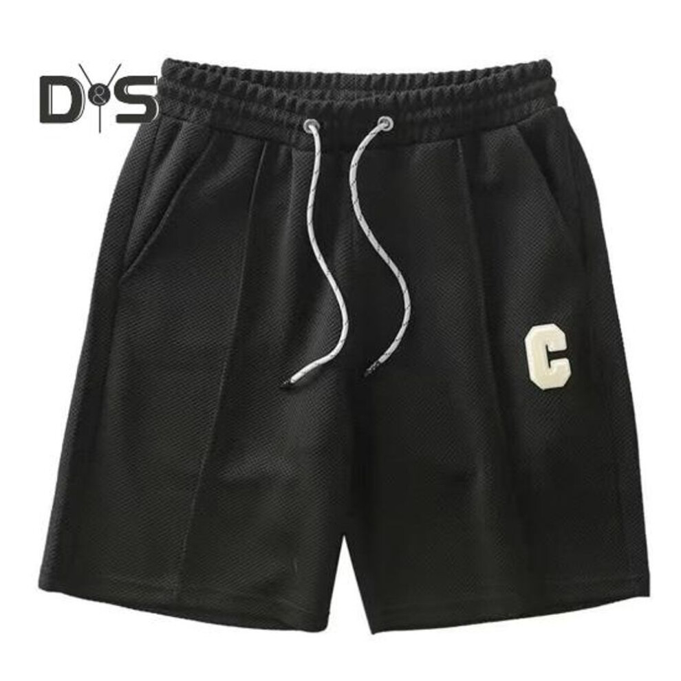 (black, L) Men Shorts with Waist Drawstring Design Solid Color Loose Fit Quick-Drying Sport Shorts Knee-Length Straight Pants