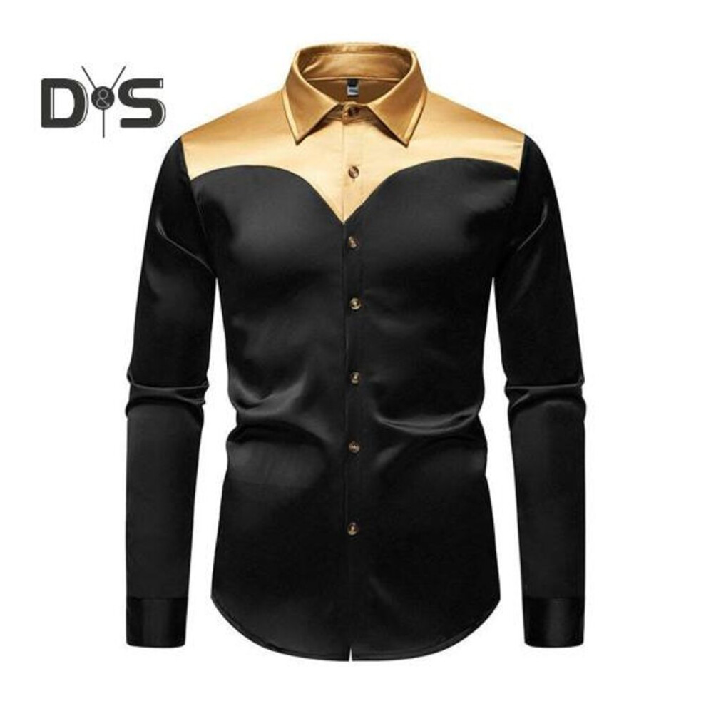 (2XL, black) Men Shirt Lapel Long Sleeve Satiny Individual Color-Blocking Design Shirt Tops Buttons Placket Shirt Daily Vacation Street Work Clothes