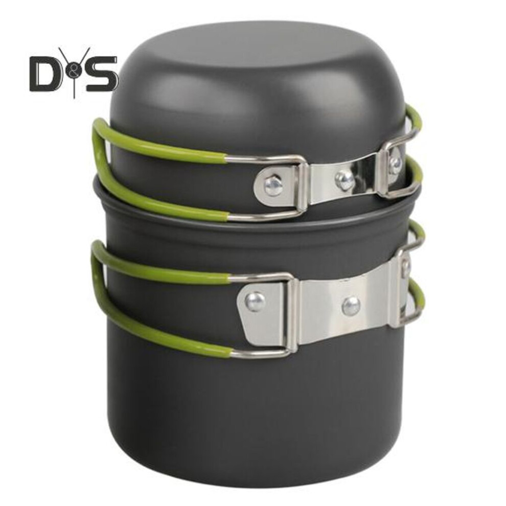 (green) 1 Set Camping Cookware with Folding Pot Bowl 1-2 Person Heavy Duty Aluminum Alloy Outdoor Picnic Hiking Backpacking Portable Cookware