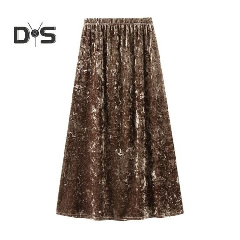(khaki) Women Midi Skirt Elastic High Waist Mid-calf Length Skirt Solid Color Glossy Velvet Large Hem Skirt Daily Wear