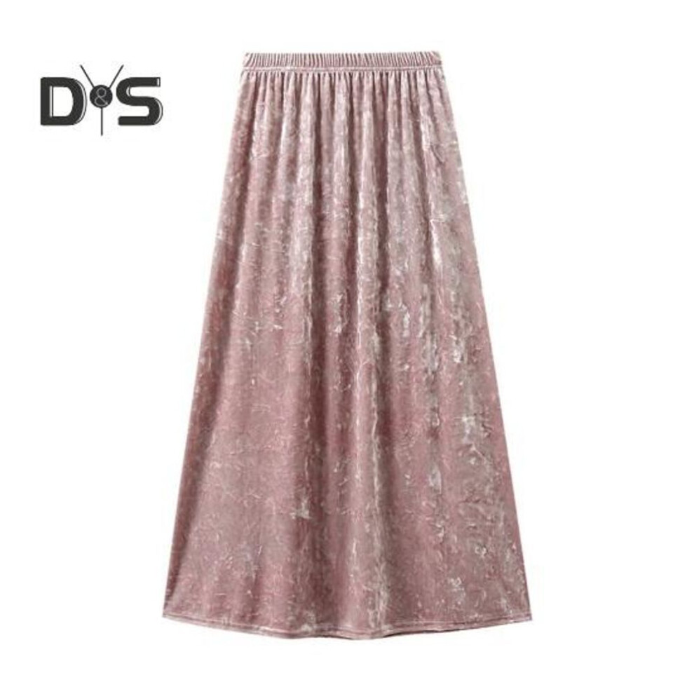 (pink) Women Midi Skirt Elastic High Waist Mid-calf Length Skirt Solid Color Glossy Velvet Large Hem Skirt Daily Wear