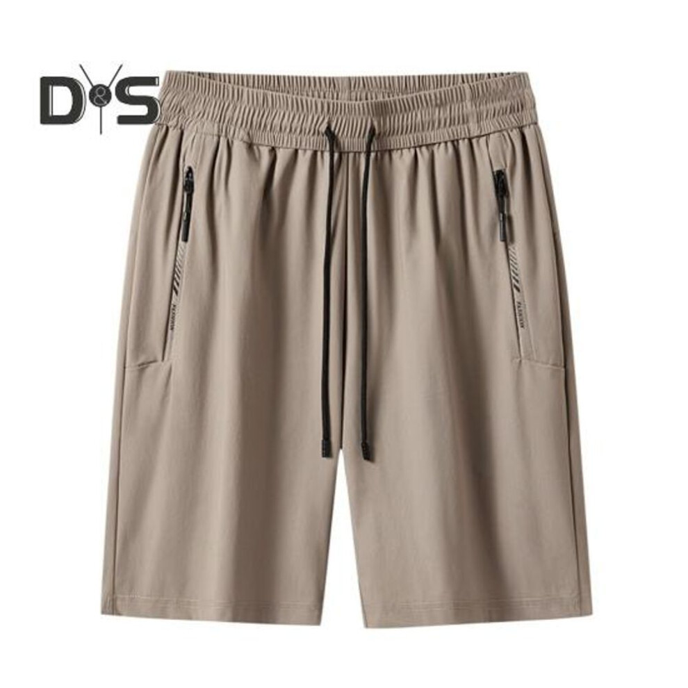 (khaki, XL) Men Shorts Elastic Waist Mid-rise Breathable Shorts with Pockets Quick Drying Ice Silk Thin Leisure Shorts