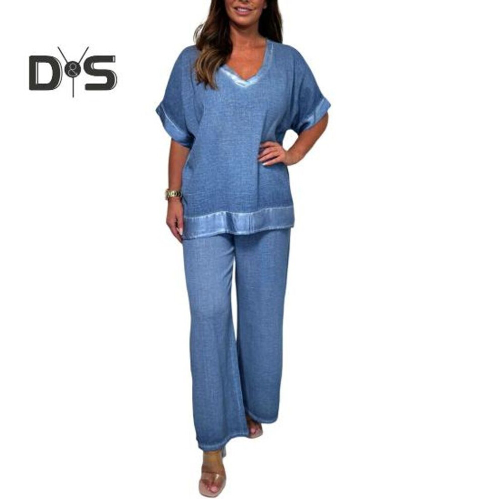 (blue, XL) Women's Casual Two Piece Outfit Plus Size V Neck Short Sleeve Top Wide Leg Pants Summer Loose Lounge Set