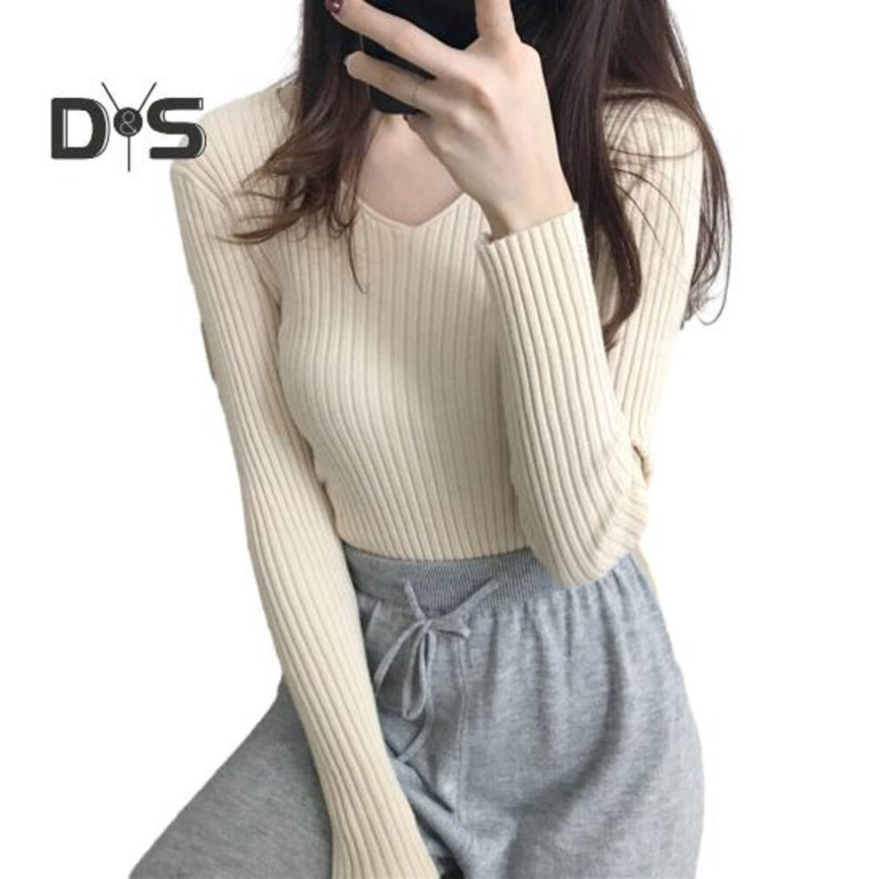 (apricot) Women Tops V-neck Long Sleeve Slim Fit Pullover Sweater Solid Color Ribbed Bottom Sweater Elastic Knitwear