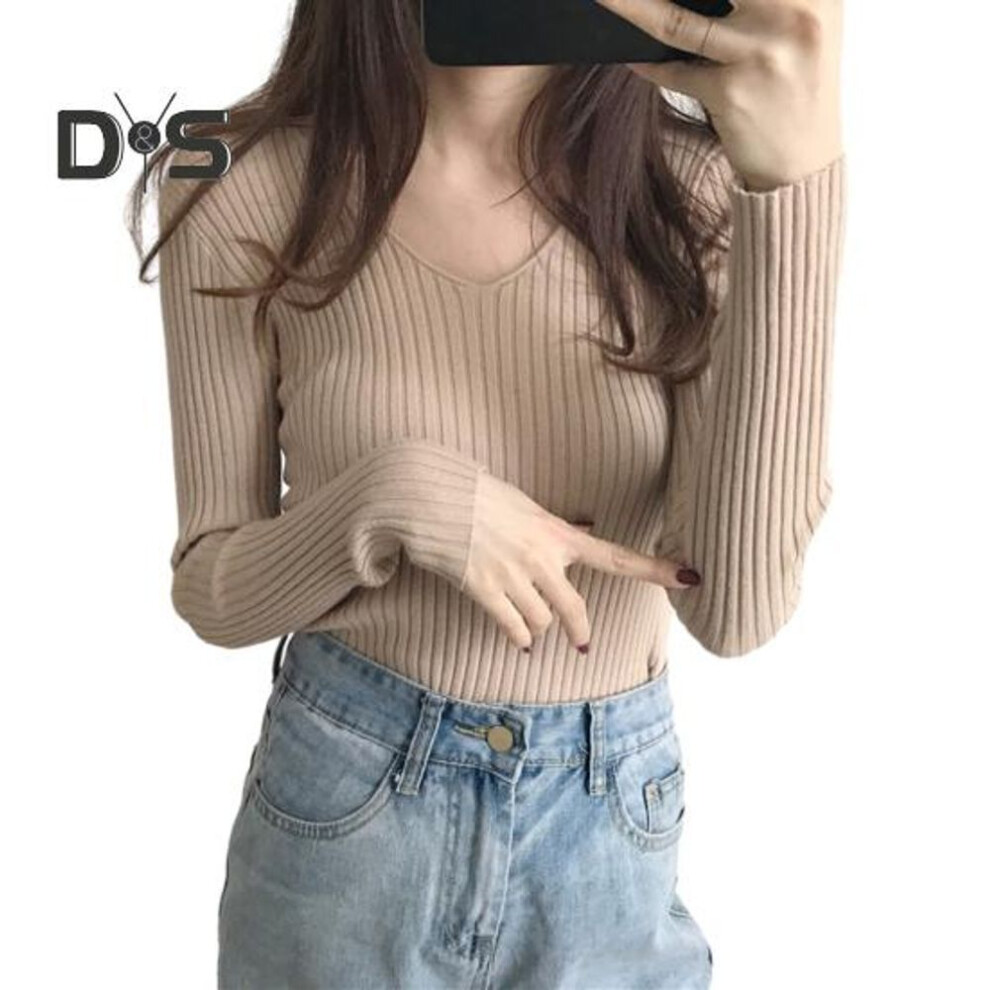 (khaki) Women Tops V-neck Long Sleeve Slim Fit Pullover Sweater Solid Color Ribbed Bottom Sweater Elastic Knitwear