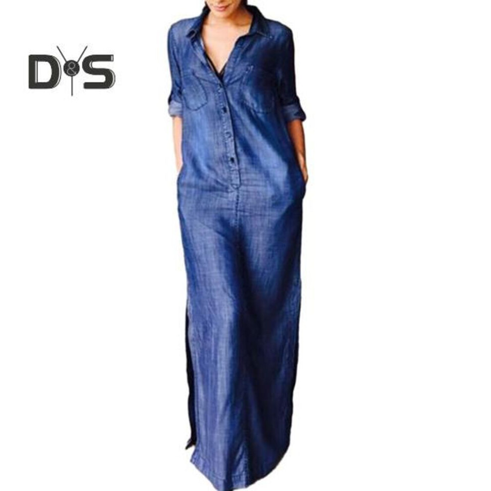 (blue, L) Fall Spring Women Dress Solid Color Loose Denim Turn Down Collar Long Sleeve Ankle Length Button Split Hem Plus Size Bohemian Commute Maxi Dress