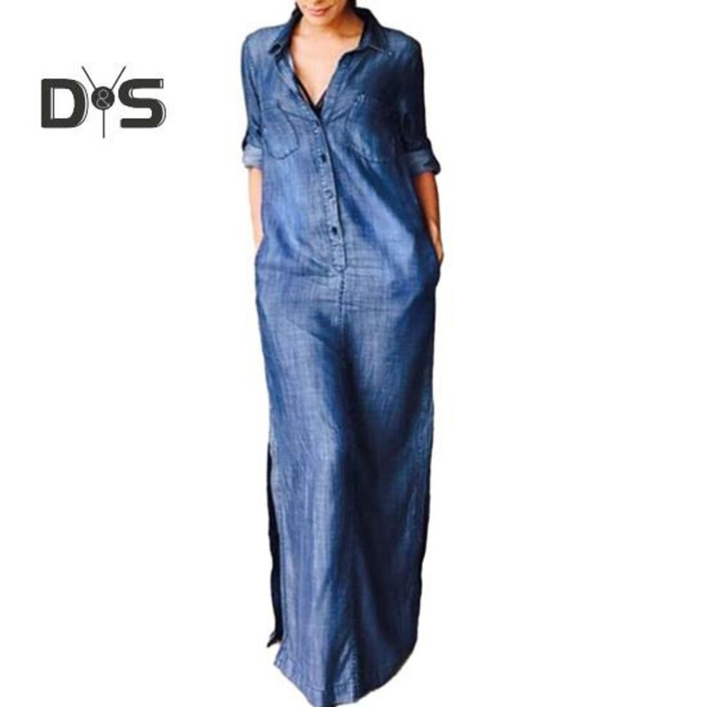 (light blue, S) Fall Spring Women Dress Solid Color Loose Denim Turn down Collar Long Sleeve Ankle Length Button Split Hem Plus Size Bohemian Commute Maxi Dress