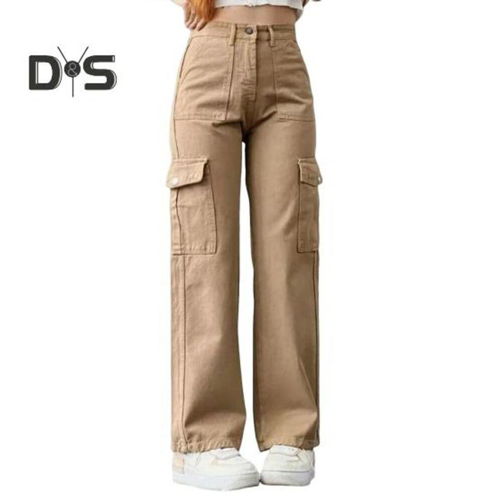 (khaki, M) Women Cargo Pants Mid-rise Button Zipper Waist Casual Trousers With Multi Pockets Straight Leg Loose Fit Solid Color Long Pants