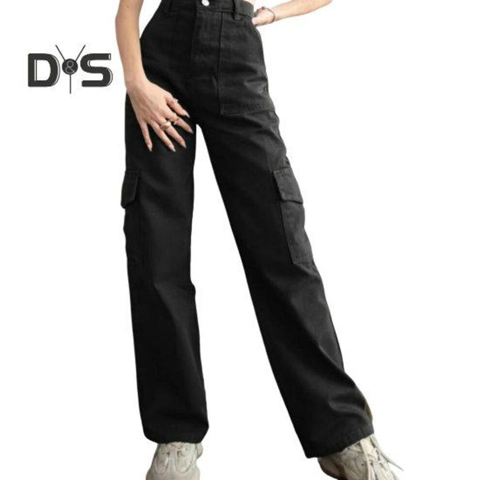 (black, XXL) Women Cargo Pants Mid-rise Button Zipper Waist Casual Trousers With Multi Pockets Straight Leg Loose Fit Solid Color Long Pants