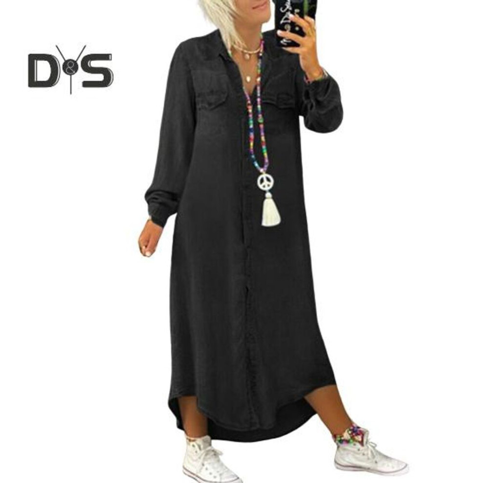 (black gray, M) Fall Spring Lady Dress Single-breasted Lapel Loose Long Sleeves Chest Pocket Split Hem Plus Size Dress Solid Color Buttons A-line Daily Wear Maxi