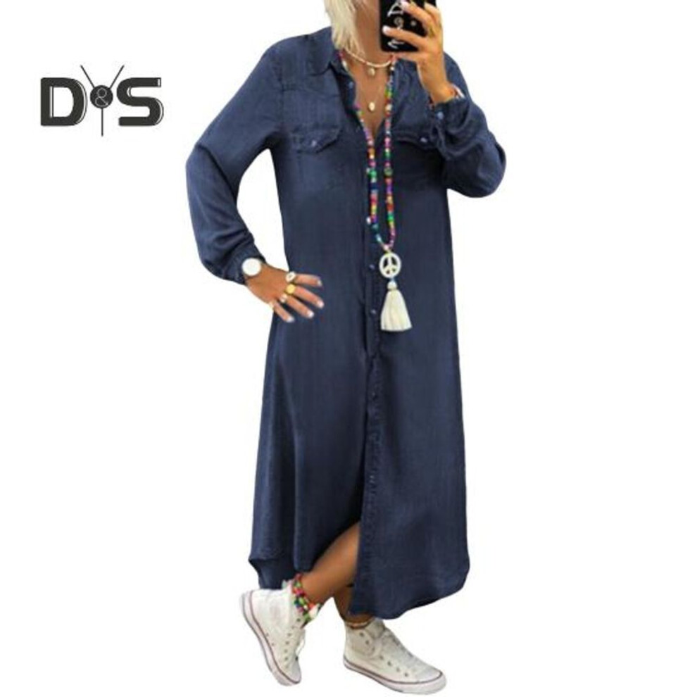 (dark blue, XXL) Fall Spring Lady Dress Single-breasted Lapel Loose Long Sleeves Chest Pocket Split Hem Plus Size Dress Solid Color Buttons A-line Daily Wear Maxi