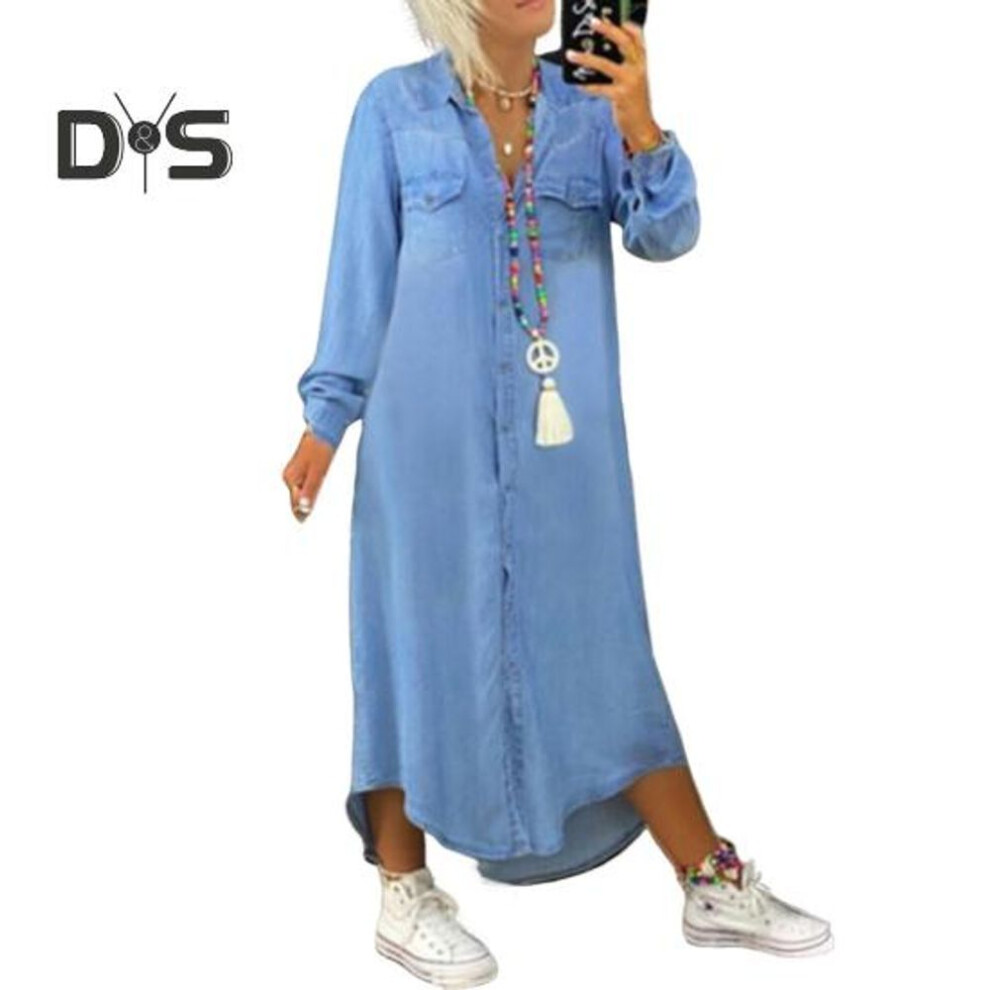(light blue, L) Fall Spring Lady Dress Single-breasted Lapel Loose Long Sleeves Chest Pocket Split Hem Plus Size Dress Solid Color Buttons A-line Daily Wear Maxi