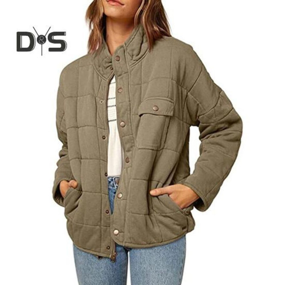 (army green, L) Lady Winter Coat Stand Collar Neck Protection Padded Thick Solid Color Long Sleeves Chest Pocket Button-down Cardigan Daily Commute Travel Jacket
