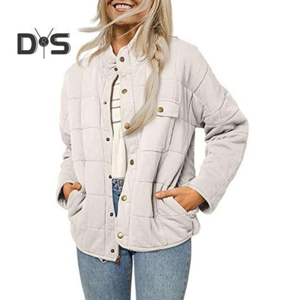 (white, L) Lady Winter Coat Stand Collar Neck Protection Padded Thick Solid Color Long Sleeves Chest Pocket Button-down Cardigan Daily Commute Travel Jacket