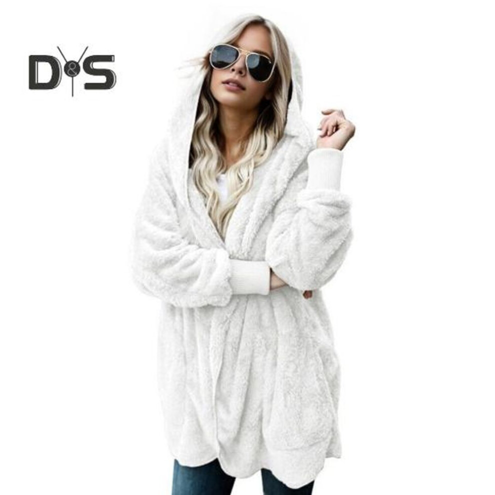 (white, XL) Women Winter Jacket Double-sided Wear Thick Fleece Hooded Pockets Mid Length Solid Color Warm Casual Daily Wear Long Coat
