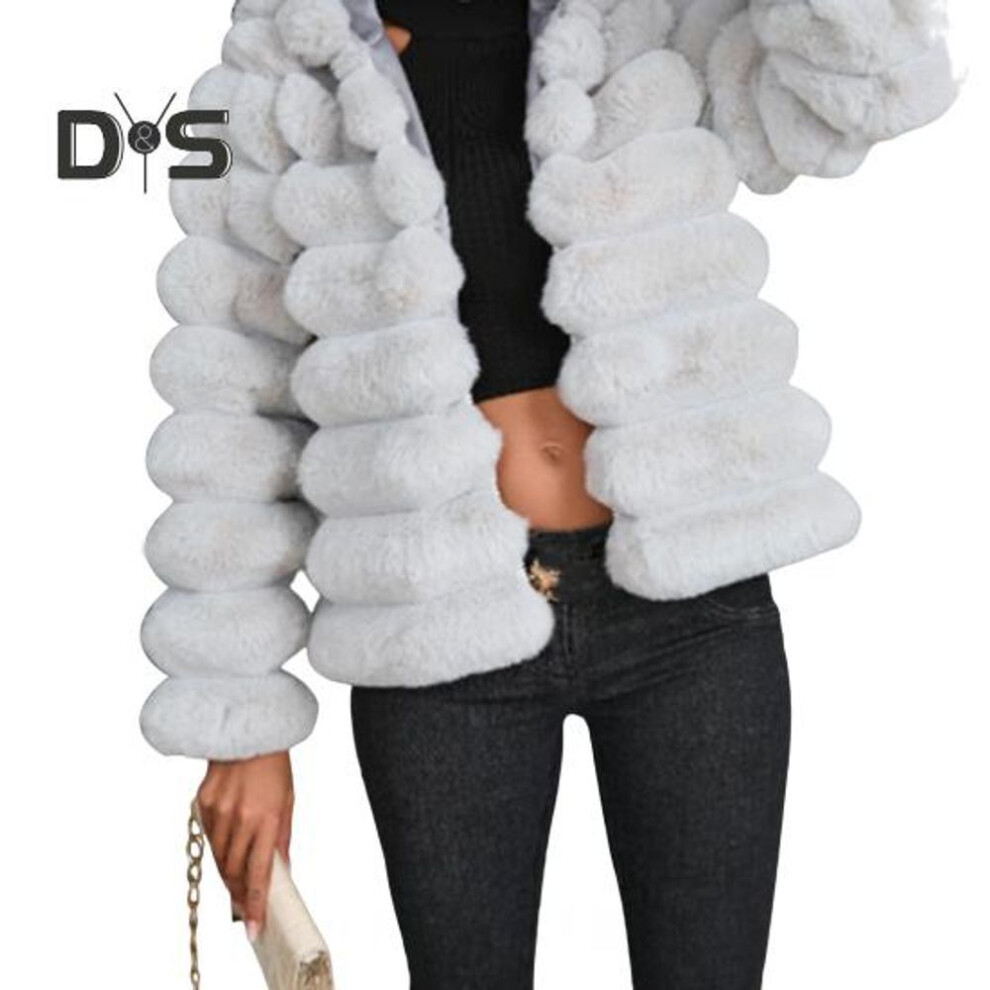 (grey, M) Winter Women Jacket Thick Faux Fur Solid Color Turn-down Collar Long Sleeves Heat Retention Outdoor Daily Wear Warm Coat